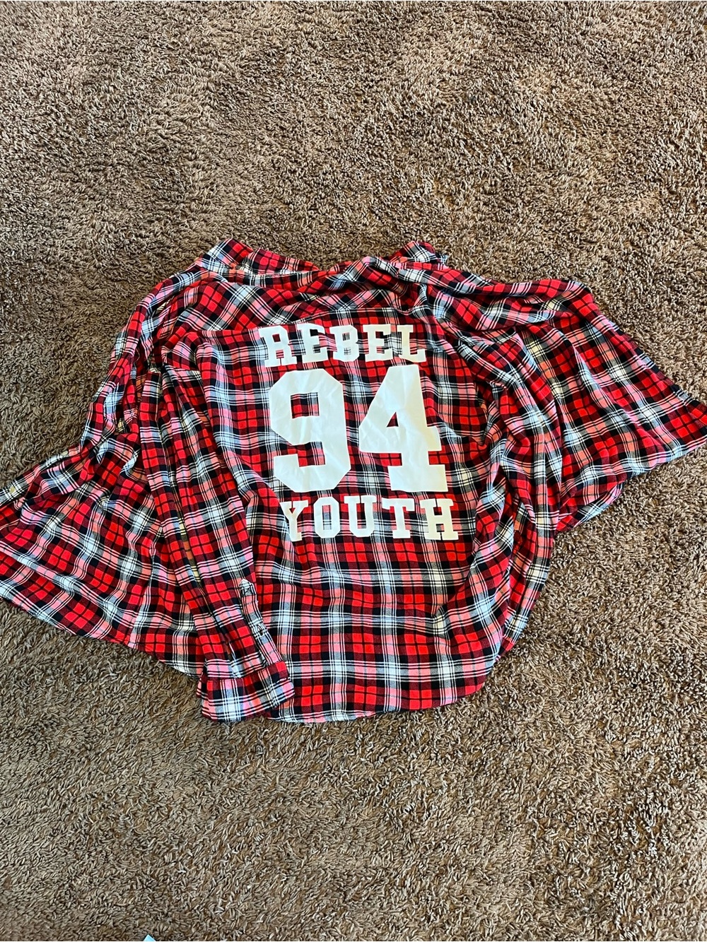 H&M Red Black White Plaid Button-Down Shirt with 'REBEL 94 YOUTH' Graphic